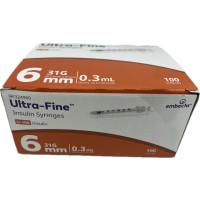 Embecta Ultra Fine Insulin Syringe 0.3ml 31g 6mm Single Syringe Pack of 10 Box of 100 Ref 324900